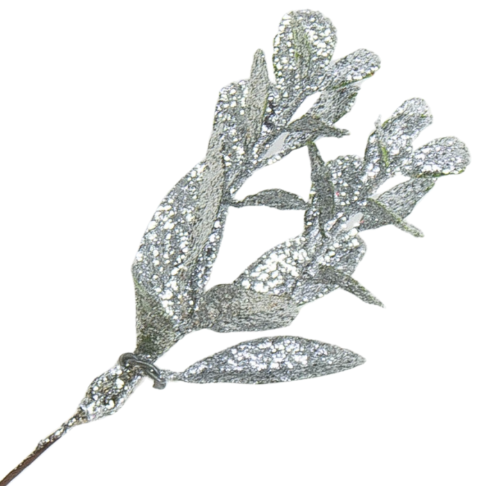 [68xb4202] Gałązka brokatowa z listkami dwie odnóżki srebrna 16,5cm