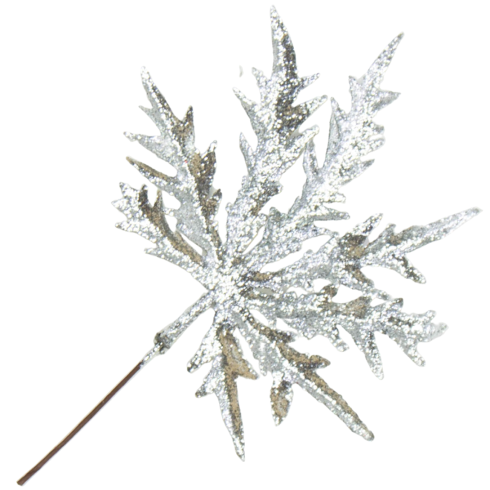 [68xb3902] Gałązka brokatowa liść duży srebrny 20cm