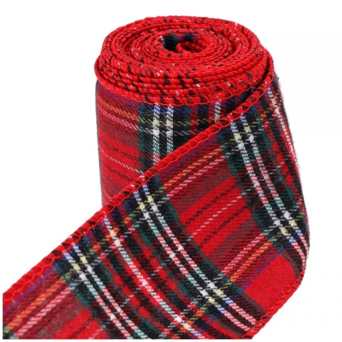 [8bd6301] Wstążka materiałowa w kratę zielony- chaber- czerwony 63mm 4,6m