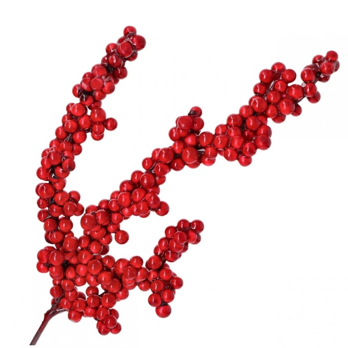 [680313] Gałązka z czerwonymi kuleczkami trzy ramiona 33cm