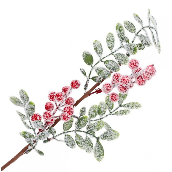 [680326] Gałązka ozdobna świąteczna ośnieżona z kuleczkami długa 67cm