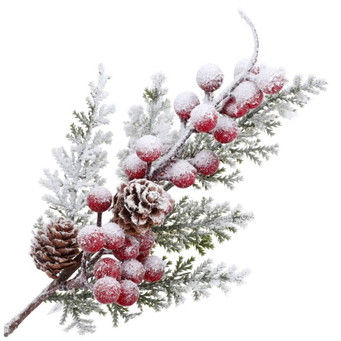 [680337] Gałązka ozdobna świąteczna ośnieżona z kuleczkami i szyszkami 35cm