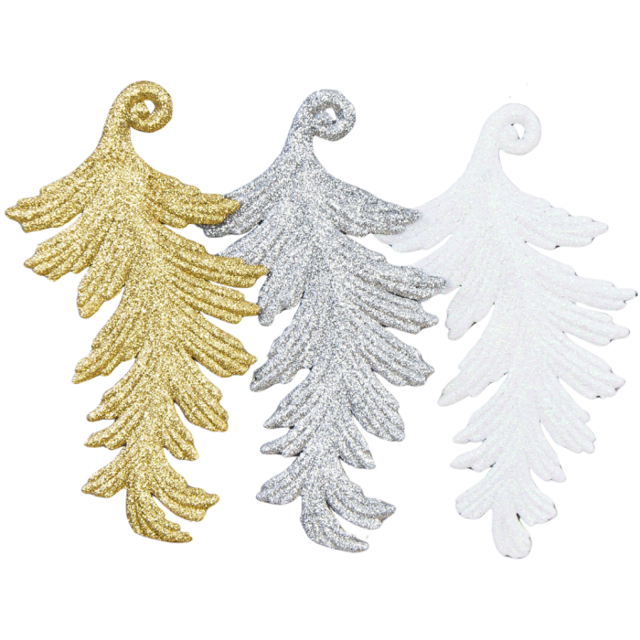 [68xk1001] Zestaw trzech listków brokatowych złoty srebrny i biały 17cm