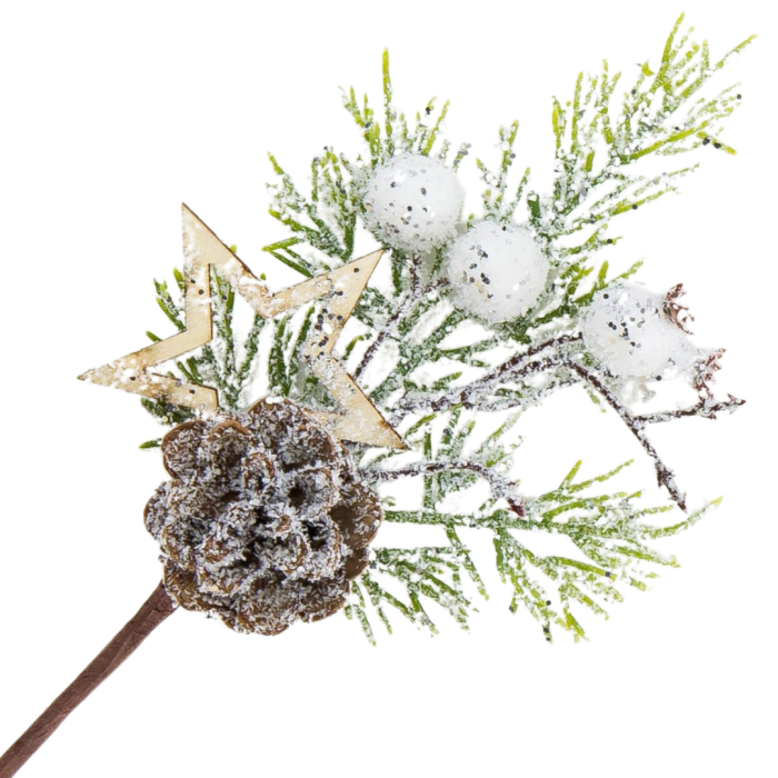 [68yd0901] Gałązka ozdobna brokatowa z szyszką i gwiazdką 23cm