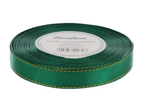 [8z12228] Wstążka satynowa 12mm 22mb  zielona ze złotą nitką