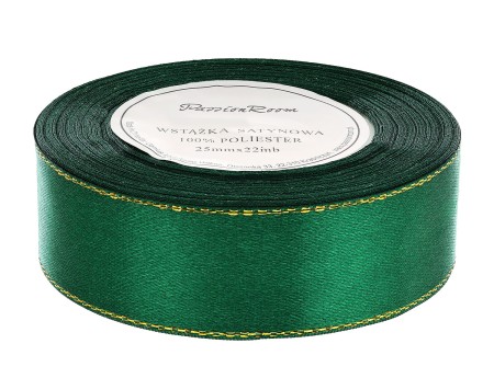 [8z25228] Wstążka satynowa 25mm 22mb  zielona ze złotą nitką