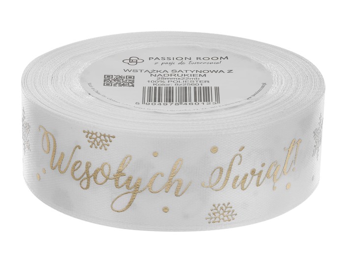 [8z25601] Wstążka satynowa ze złotym nadrukiem "Wesołych Świąt" 25mm
