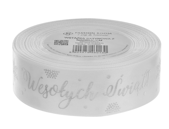 [8z25602] Wstążka satynowa ze srebrnym nadrukiem "Wesołych Świąt" 25mm