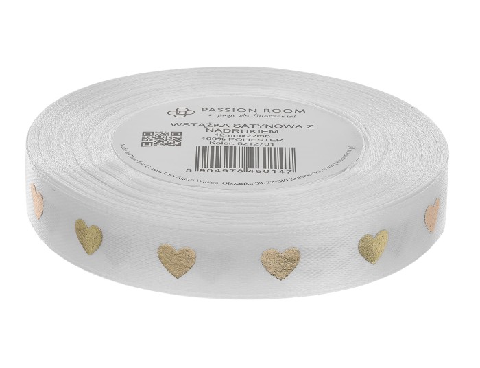 [8z12701] Wstążka satynowa ze złotym nadrukiem serduszka biała 12mm