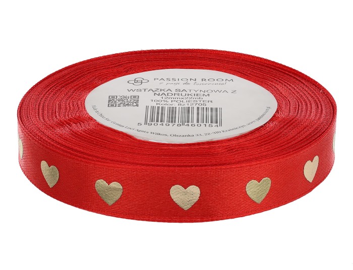 [8z12705] Wstążka satynowa ze złotym nadrukiem serduszka czerwona 12mm