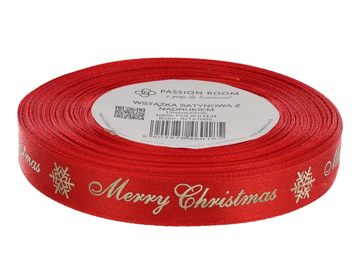 [8z121005] Wstążka satynowa ze złotym nadrukiem Merry Christmas czerwona 12mm