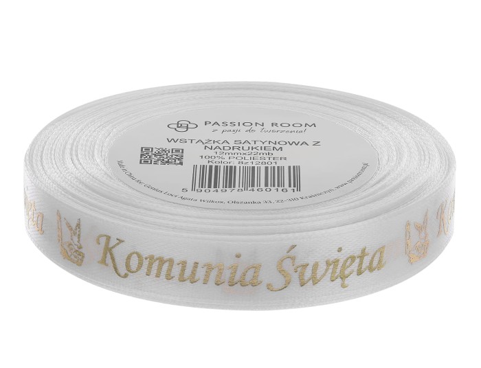 [8z12801] Wstążka satynowa ze złotym napisem "Komunia Święta" 12mm 22mb