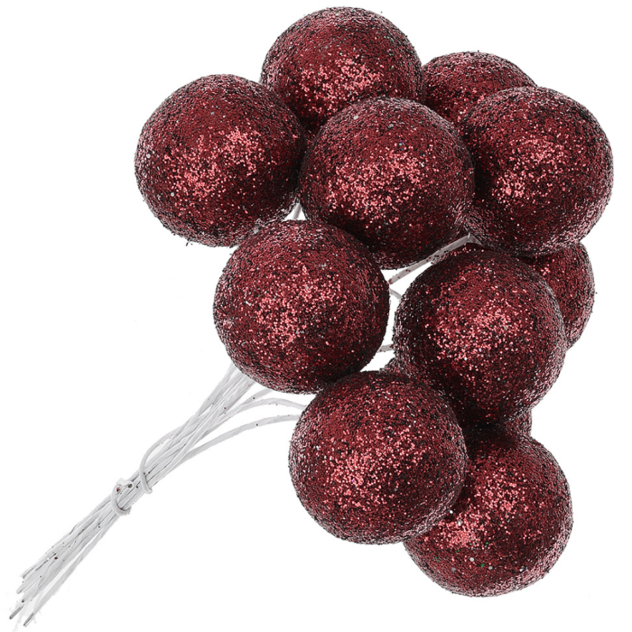 [680997] Kulki brokatowe na druciku 2,5cm 12szt burgundowe