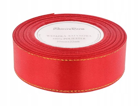 [8z25205] Wstążka satynowa 25mm 22mb czerwona ze złotą nitką