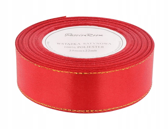 [8z25205] Wstążka satynowa 25mm 22mb czerwona ze złotą nitką