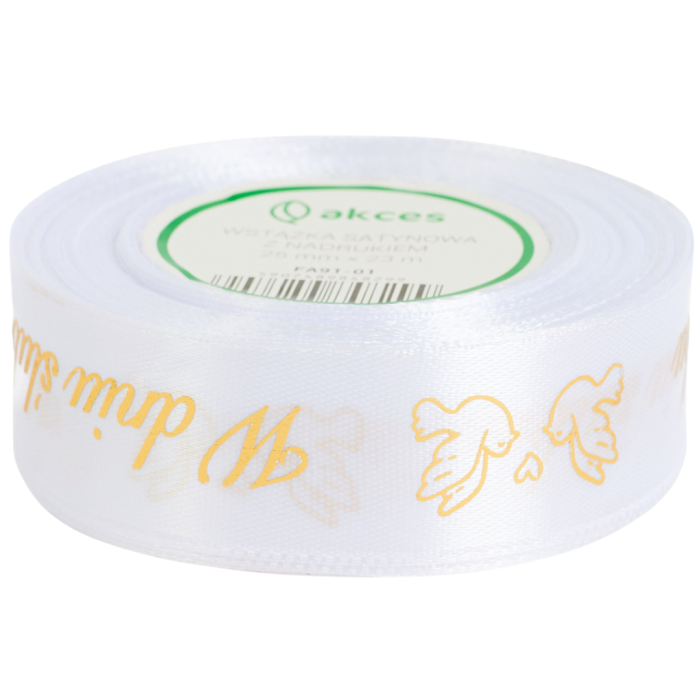 [8z2591] Wstążka satynowa 25mm biała ze złotym nadrukiem W dniu ślubu gołąbki