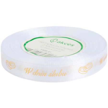[8z2588] Wstążka satynowa 12mm biała ze złotym nadrukiem W dniu ślubu obrączki