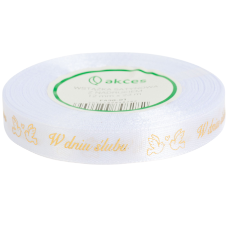 [8z2590] Wstążka satynowa 12mm biała ze złotym nadrukiem W dniu ślubu gołąbki