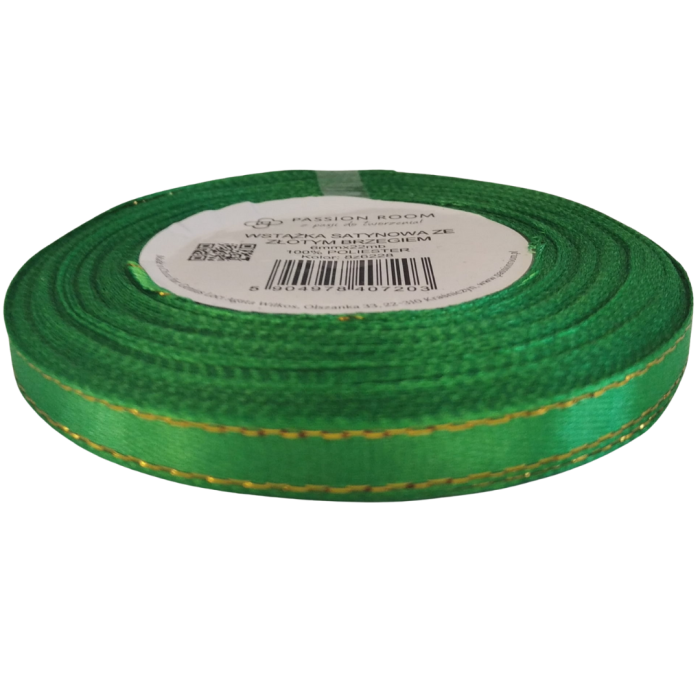[8z6228] Wstążka satynowa 6mm 22mb zielona ze złotą nitką