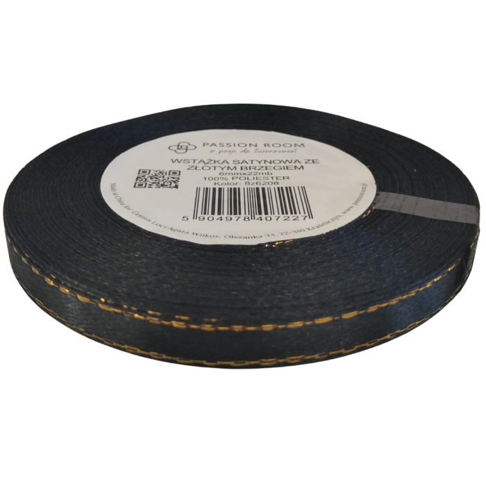 [8z6208] Wstążka satynowa 6mm 22mb czarna ze złotą nitką