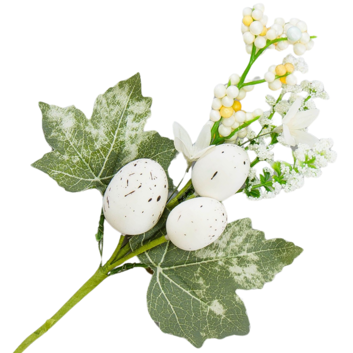 [68th0502] Gałązka ozdobna wielkanocna z białymi pisankami i kwiatuszkami 32cm