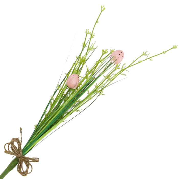 [68th0703] Gałązka ozdobna wielkanocna z trawą i różowymi pisankami 40cm