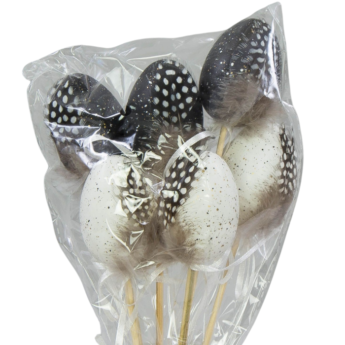 [w03tj01301] Jajka białe i czarne z piórkiem na pikach 60mm 6szt