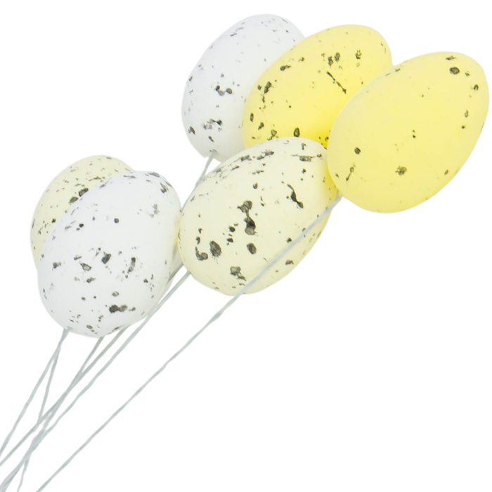[wfp1003] Jajka nakrapiane na druciku 7x5cm biało- żółte 6szt