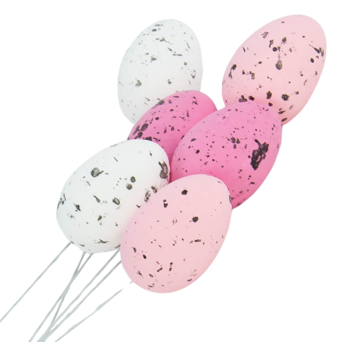 [wfp1004] Jajka nakrapiane na druciku 7x5cm biało- różowe 6szt