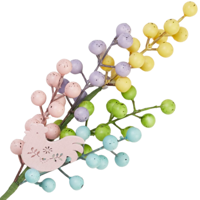 [68tf3001] Gałązka wielkanocna z kolorowymi kuleczkami i drewnianą kurką