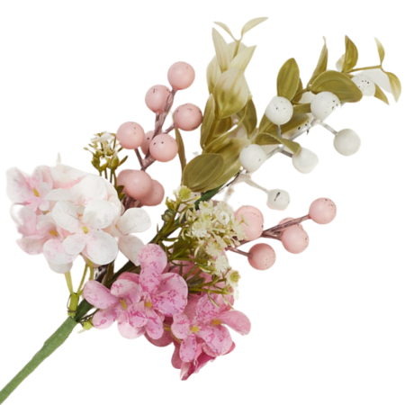 [68tf2401] Gałązka wielkanocna różowymi kuleczkami i kwiatuszkami 38cm