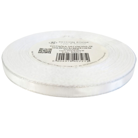 [8s6201] Wstążka satynowa 6mm 22mb biała ze srebrną nitką