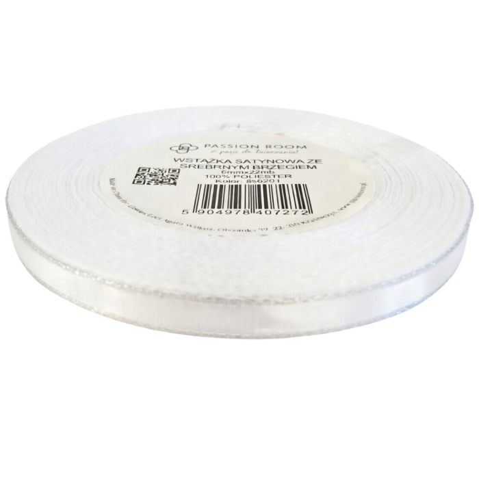 [8s6201] Wstążka satynowa 6mm 22mb biała ze srebrną nitką