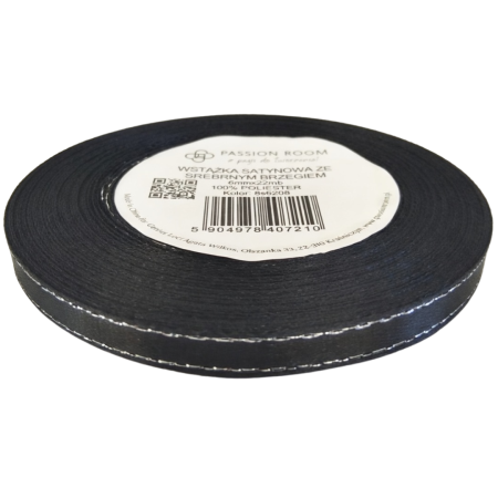 [8s6208] Wstążka satynowa 6mm 22mb czarna ze srebrną nitką