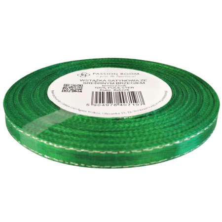 [8s6228] Wstążka satynowa 6mm 22mb zielona ze srebrną nitką
