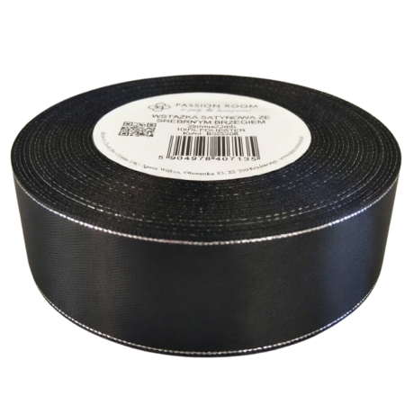 [8s25208] Wstążka satynowa 25mm 22mb czarna ze srebrną nitką