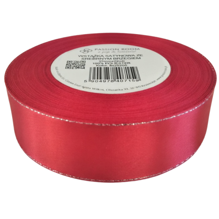 [8s25205] Wstążka satynowa 25mm 22mb czerwona ze srebrną nitką