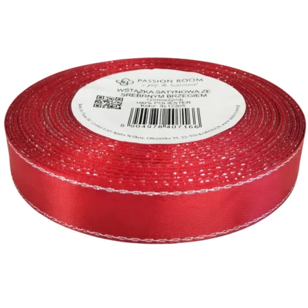 [8s12205] Wstążka satynowa 12mm 22mb czerwona ze srebrną nitką
