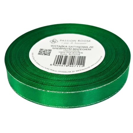 [8s12228] Wstążka satynowa 12mm 22mb zielona ze srebrną nitką