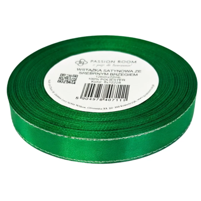 [8s12228] Wstążka satynowa 12mm 22mb zielona ze srebrną nitką