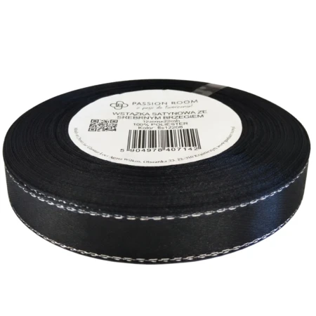 [8s12208] Wstążka satynowa 12mm 22mb czarna ze srebrną nitką