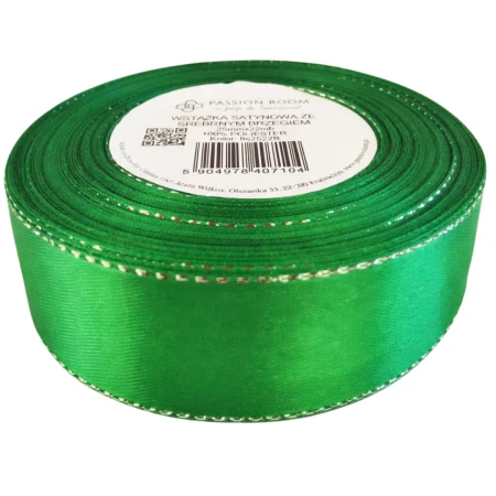 [8s25228] Wstążka satynowa 25mm 22mb  zielona ze srebrną nitką