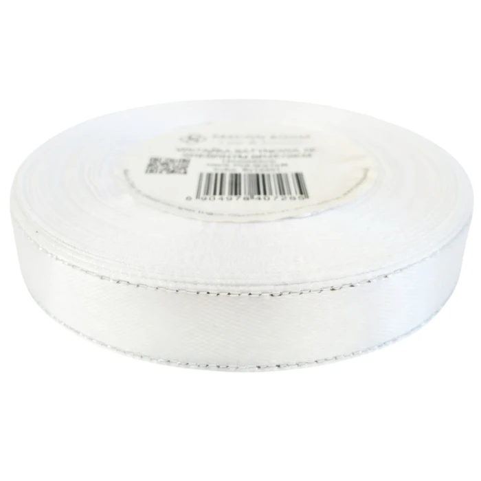 [8s12201] Wstążka satynowa 12mm 22mb biała ze srebrną nitką