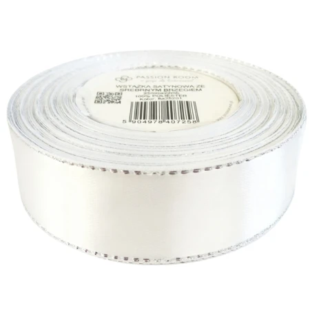 [8s25201] Wstążka satynowa 25mm 22mb  biała ze srebrną nitką