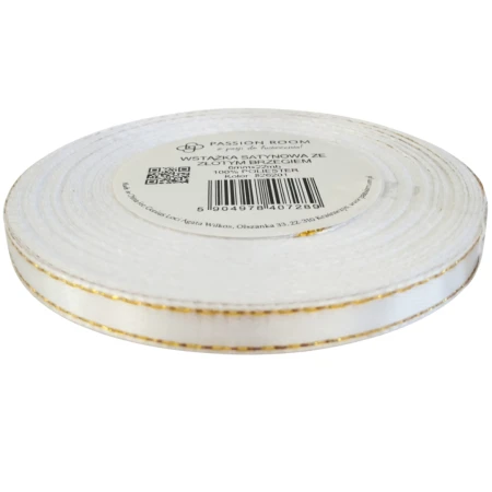 [8z6201] Wstążka satynowa 6mm 22mb biała ze złotą nitką