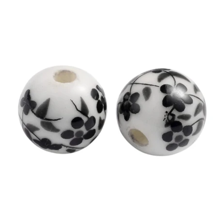 [760506] Koralik porcelanowy okrągły w czarne kwiaty 8mm 2szt