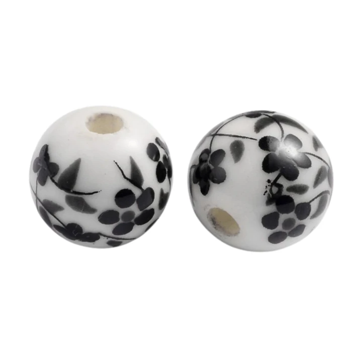[760506] Koralik porcelanowy okrągły w czarne kwiaty 8mm 2szt