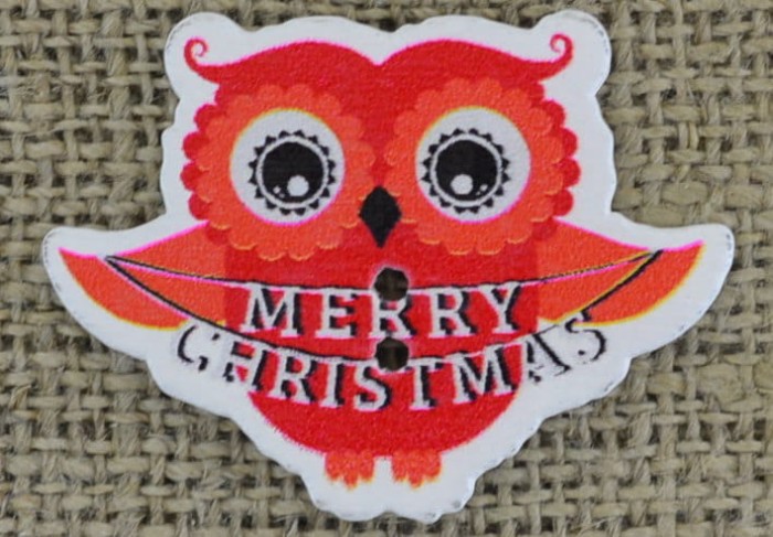 [ś07298] Guzik drewniany ozdobny sowa "MERRY CHRISTMAS" 2szt